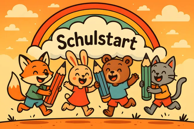 Fröhliche Tiere starten ins neue Schuljahr