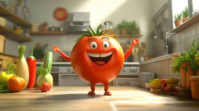Fröhliche Tomaten-Figur tanzt in bunter Küchenumgebung