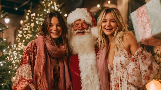 Fröhliche Weihnachten mit Santa und strahlenden Frauen