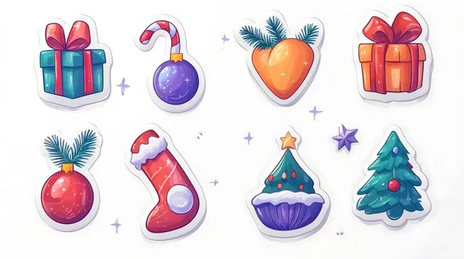 Fröhliche Weihnachts-Sticker-Kollektion mit Geschenken und Festschmuck