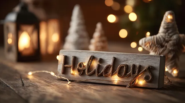 Fröhliche Weihnachtsdekorationen mit Holzschild und Lichterkette