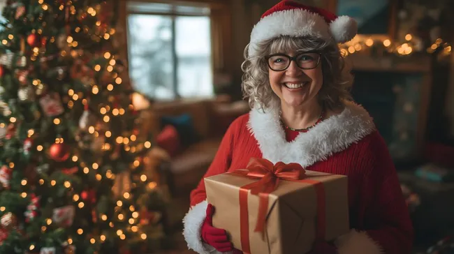 Fröhliche Weihnachtsfrau mit Geschenk vor Christbaum
