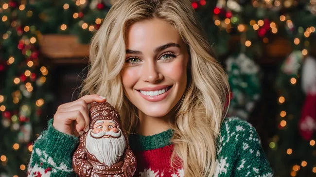 Fröhliche Weihnachtsfrau mit Schokoladen-Weihnachtsmann vor festlichen Lichtern