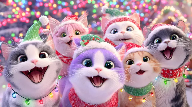 Fröhliche Weihnachtskatzen vor bunter Lichterkette