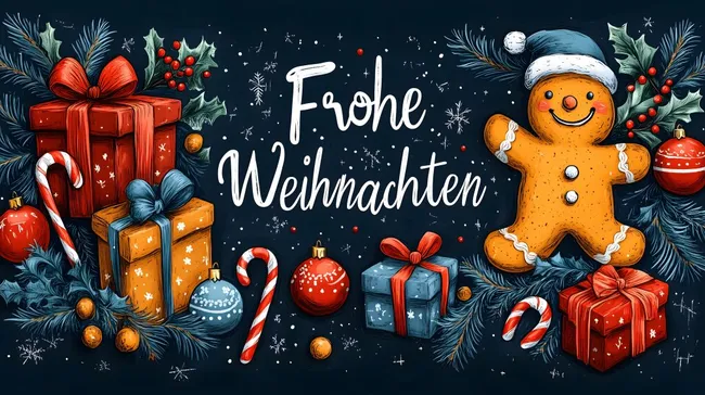 Fröhliche Weihnachtsszene mit Geschenken und Lebkuchenmann