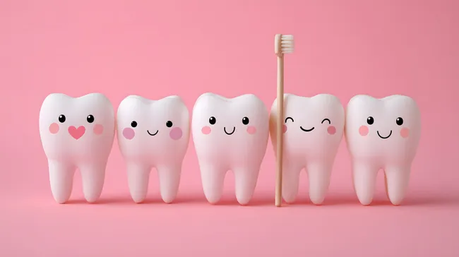 Fröhliche Zähne mit Zahnbürste auf rosafarbenem Hintergrund