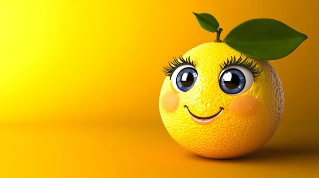 Fröhliche Zitronenfrucht mit Augen und Blättern