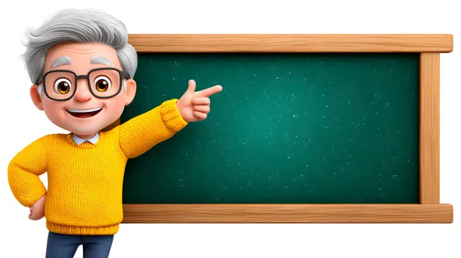 Fröhlicher älterer Lehrer zeigt auf leere Tafel