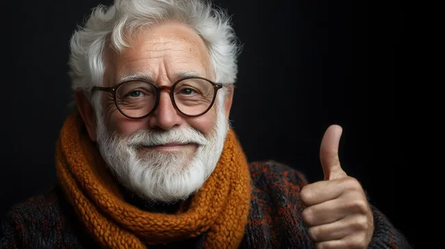 Fröhlicher älterer Mann mit Bart und Daumen hoch