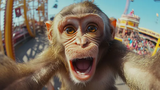 Fröhlicher Affe auf einer Achterbahn im Vergnügungspark