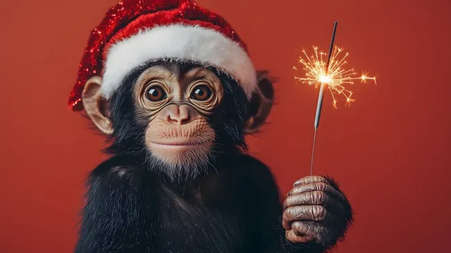 Fröhlicher Affe in Weihnachtsmütze mit Feuerwerk