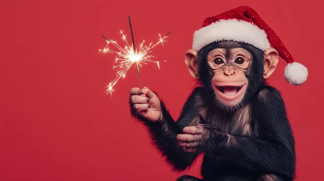 Fröhlicher Affe mit Weihnachtsmütze und Wunderkerze