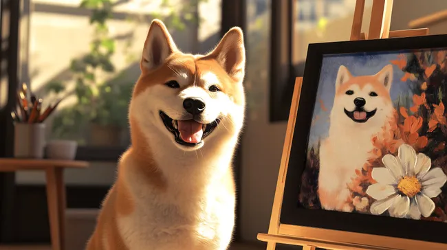 Fröhlicher Akita-Hund mit Gemäldeporträt im Atelier