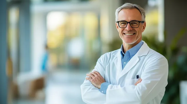 Fröhlicher Arzt in modernem Laborumfeld