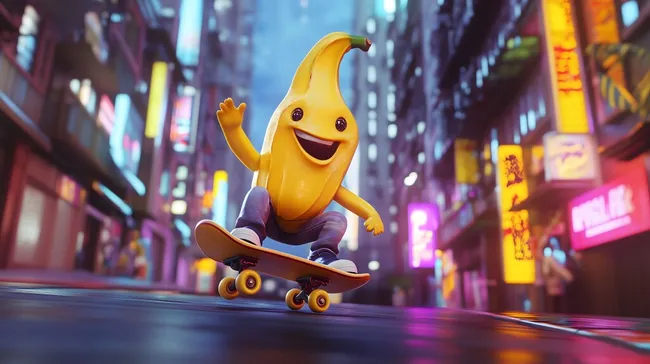 Fröhlicher Bananen-Skateboard-Fahrer in leuchtender Nacht-Metropole