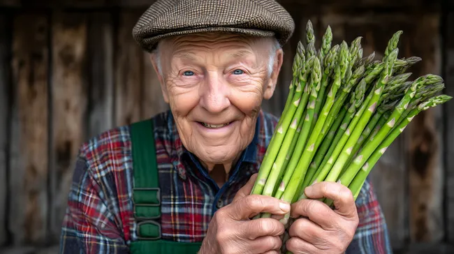 Fröhlicher Bauer mit frischem grünem Spargel