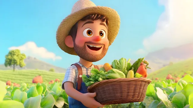 Fröhlicher Bauer präsentiert rustikalen Gemüsekorb