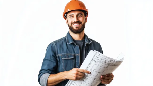 Fröhlicher Bauingenieur mit Bauplan und Schutzhelm