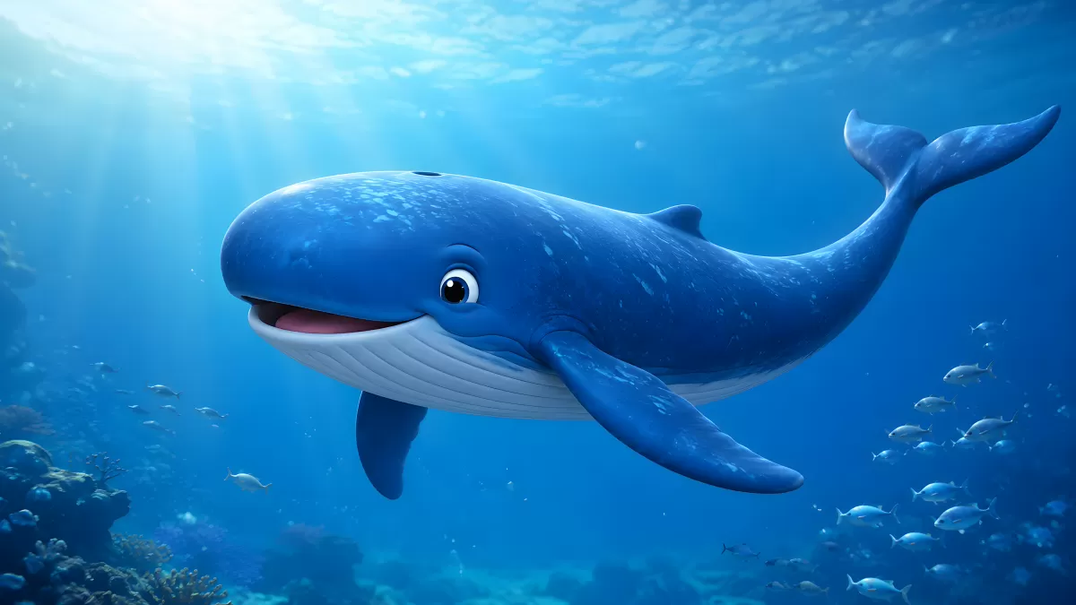 Fröhlicher blauer Wal schwimmt im tiefen Ozean
