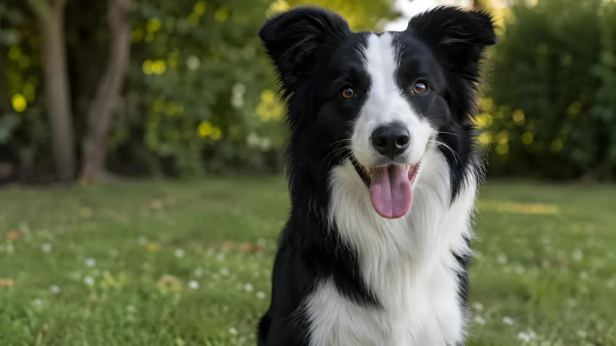 Fröhlicher Border Collie sitzt im grünen Garten