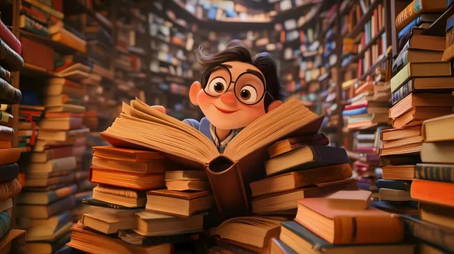 Fröhlicher Bücherwurm inmitten von Bücherstapeln