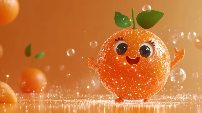 Fröhlicher Cartoon-Orangenmann in glitzernder Nahaufnahme
