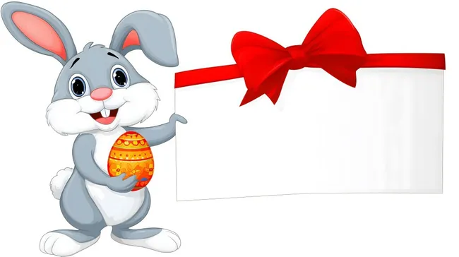 Fröhlicher Cartoon-Osterhase mit Eierschild