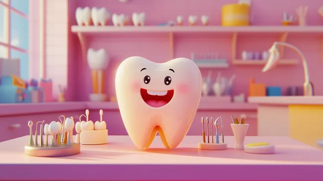 Fröhlicher Cartoon-Zahn in Zahnarztpraxis