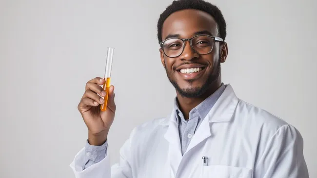 Fröhlicher Chemiker hält Reagenzglas