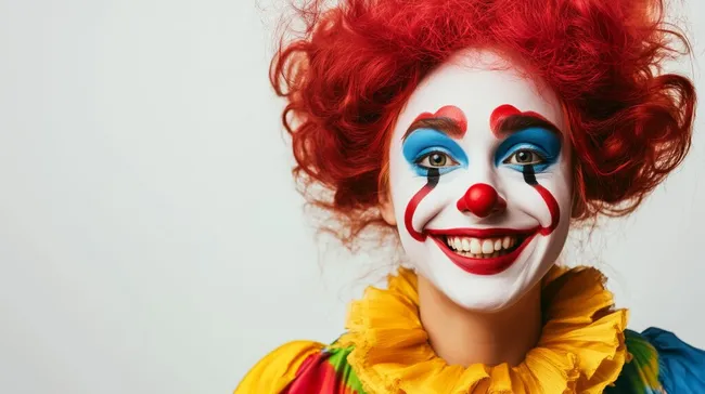 Fröhlicher Clown mit Lockenperücke und buntem Outfit