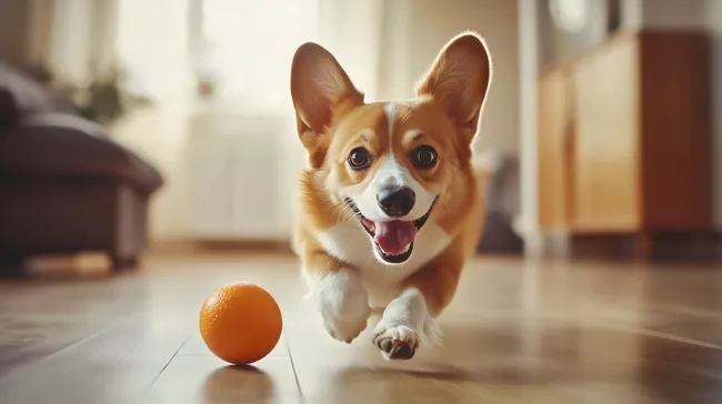 Fröhlicher Corgi jagt Orangenfrucht in sonnigem Wohnzimmer