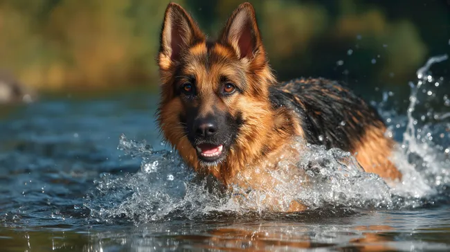Fröhlicher Deutscher Schäferhund im kühlen Wasser