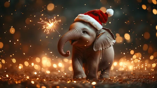 Fröhlicher Elefant mit Weihnachtsmütze und Wunderkerze