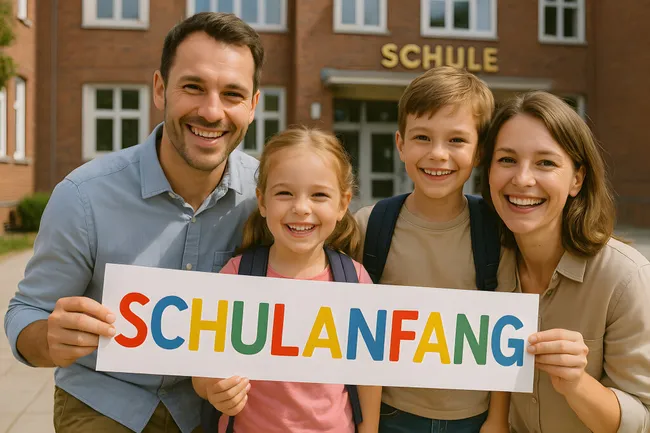 Fröhlicher Familienfoto mit Einschulungsflag