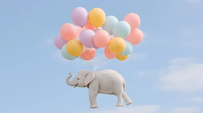 Fröhlicher fliegender Elefant mit bunten Luftballons