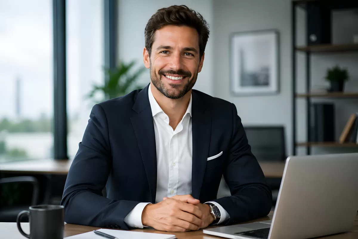 Fröhlicher Geschäftsmann sitzt am Büroschreibtisch