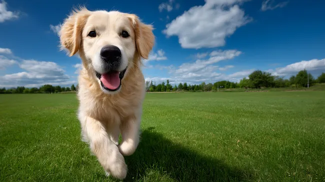 Fröhlicher Golden Retriever auf grüner Wiese