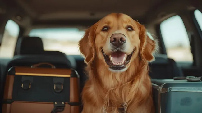 Fröhlicher Golden Retriever im Auto mit Reisekoffer