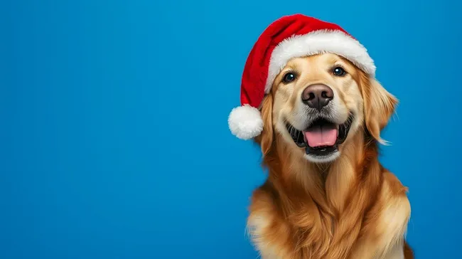 Fröhlicher Golden Retriever in Weihnachtsmütze