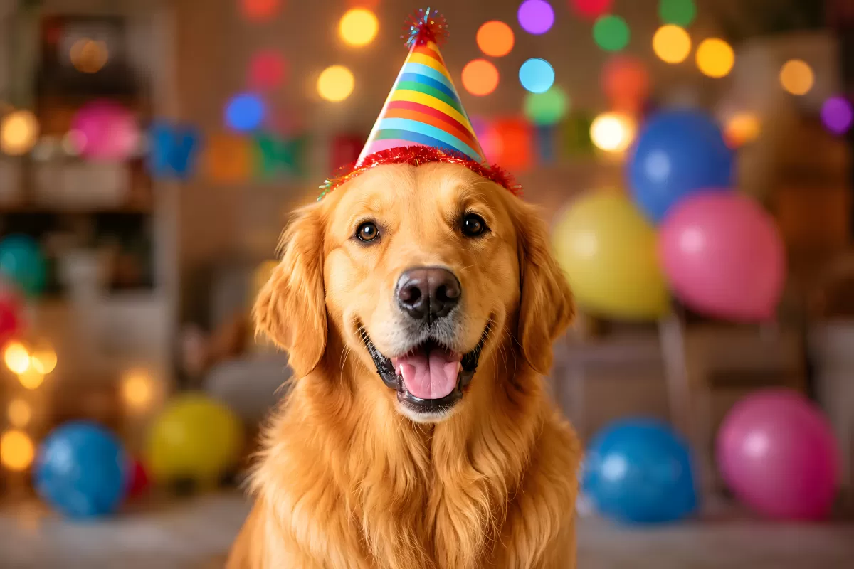 Fröhlicher Golden Retriever mit Partyhut feiert Geburtstag