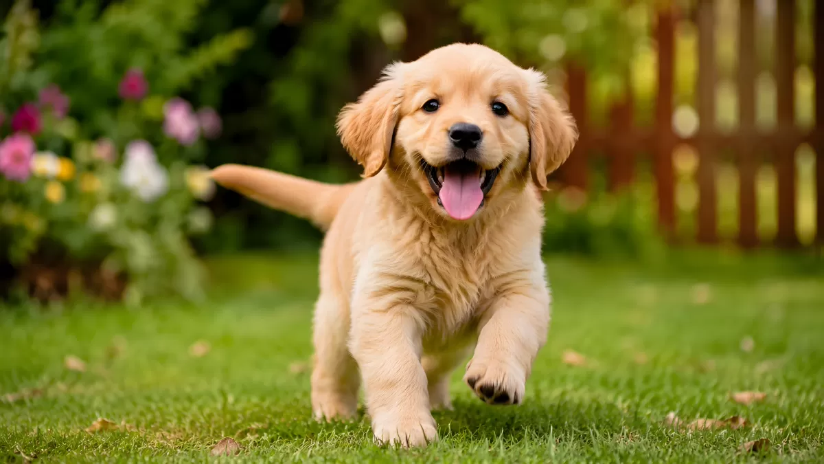 Fröhlicher Golden-Retriever-Welpe läuft über Rasen