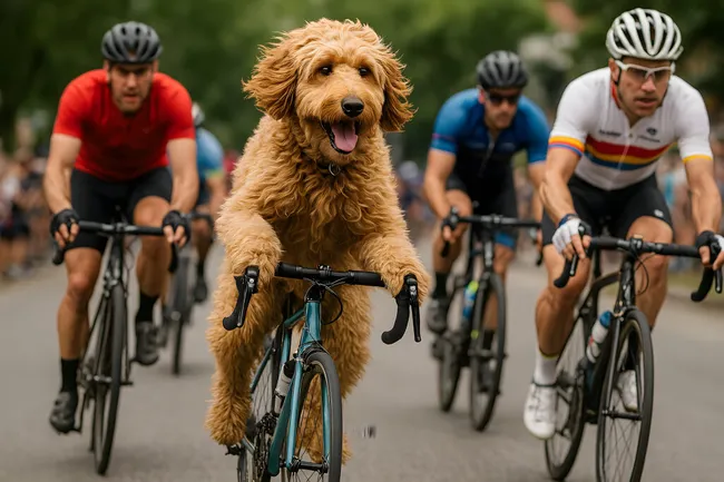 Fröhlicher Goldendoodle-Hund beim Radrennen mit Radfahrern