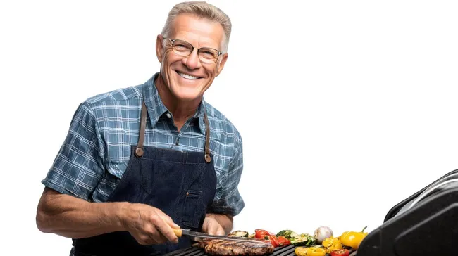 Fröhlicher Grillmeister brutzelt leckeres Fleisch und Gemüse