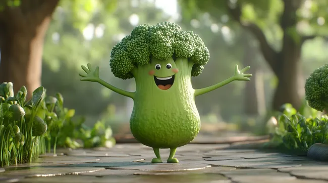 Fröhlicher grüner Brokkoli-Cartoon mit Lächeln und winkenden Händen
