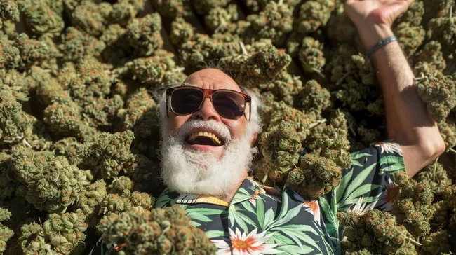 Fröhlicher Hippie-Senior genießt Cannabis-Anbau