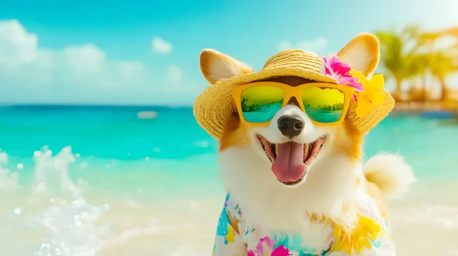 Fröhlicher Hund am tropischen Strand mit Sonnenbrille und Strohhut