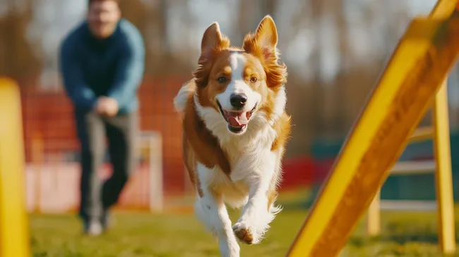 Fröhlicher Hund beim Agility-Training im Garten