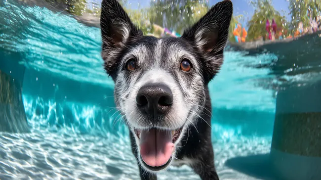 Fröhlicher Hund beim Schwimmen in türkisfarbener Unterwasserwelt