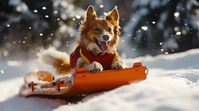 Fröhlicher Hund genießt Schlittenfahrt im Winterwald