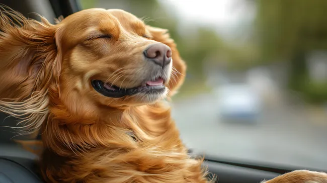 Fröhlicher Hund im Auto genießt den Fahrtwind